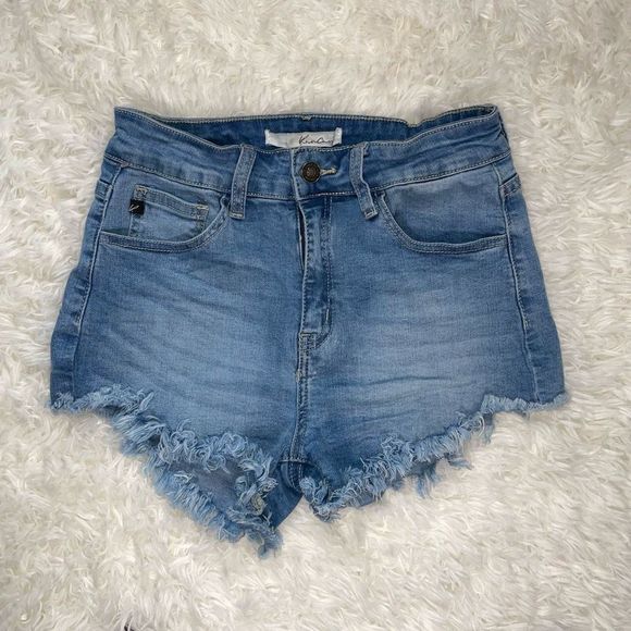 KanCan High Rise Cut Off Jeans Shorts with Raw Frayed Hem, size 7 / 27 - Picture 1 of 5